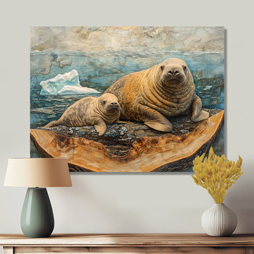 Canadian Walrus Family On A Top Of Wood Slide - Grey Walrus Wall Art